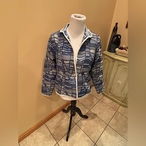 Khangura Women’s Jacket Blazer Blue White & Grey Abstract Print Size Medium New